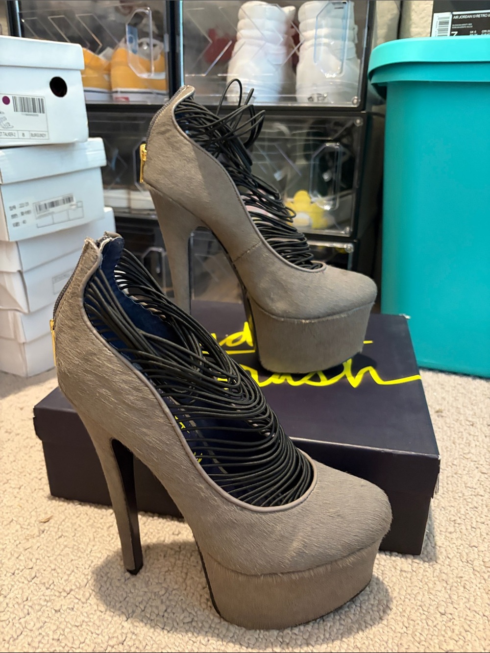 London Trash Taupe Platform Pumps with Black Strappy Upper